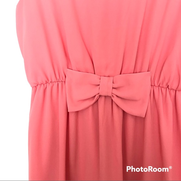 Everly Peach Chiffon Baby Doll Mini Dress Bow Front - Picture 3 of 9